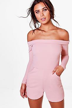 Boohoo Petite Long Sleeve Off The Shoulder Playsuit