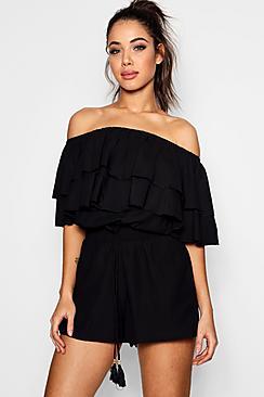 Boohoo Ester Bardot Ruffle Beach Playsuit