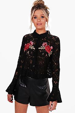 Boohoo Bella Flare Sleeve Applique Lace Shirt