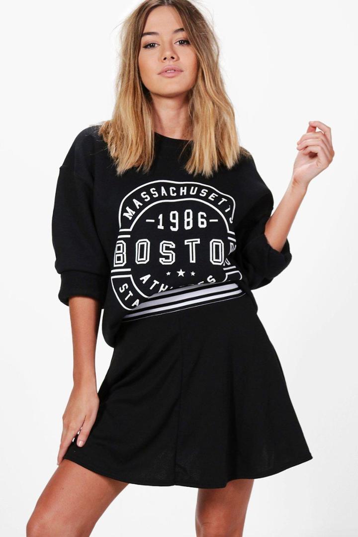 Boohoo Petite Melissa Sports Trim Skater Skirt Black