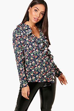 Boohoo Faye Ruffle Wrap Front Tie Blouse