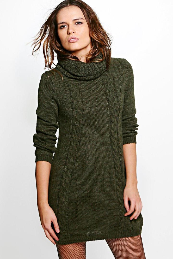 Boohoo Scarlett Roll Neck Cable Jumper Dress Khaki