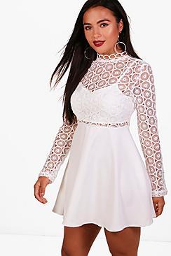 Boohoo Petite Lucy Premium Lace Turtle Neck Skater Dress