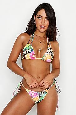 Boohoo Tropical Fruit Leopard Tie Triangle Bikini