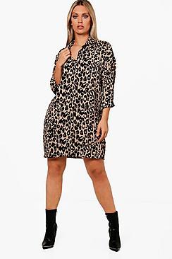 Boohoo Plus Hari Leopard Print Shirt Dress