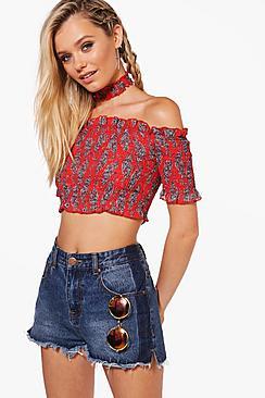 Boohoo Molly Shirred Short Sleeve Choker Bardot