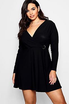 Boohoo Plus Emma Crepe D-ring Wrap Skater Dress