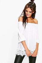 Boohoo Cara Pleated Chiffon Lace Trim Bardot Top