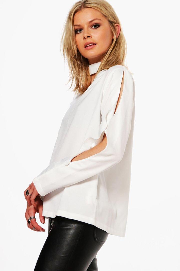 Boohoo Callie Split Sleeve Choker Blouse White