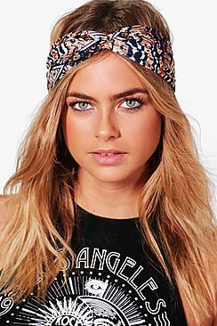 Boohoo Charlotte Blue Aztec Print Turban Headband