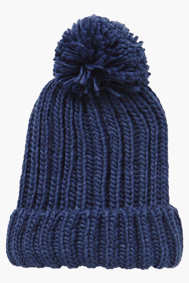 Boohoo Lola Oversize Pom Beanie Hat Navy