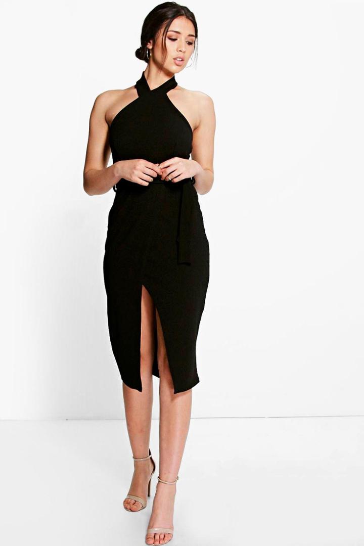Boohoo Belle High Neck Tie Waist Wrap Midi Dress Black