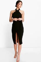 Boohoo Belle High Neck Tie Waist Wrap Midi Dress Black