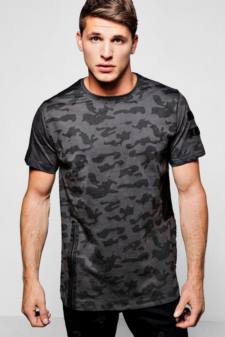 Boohoo Longline Camo T Shirt With Side Zip Grey