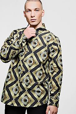 Boohoo Baroque Tile Print Long Sleeve Satin Shirt