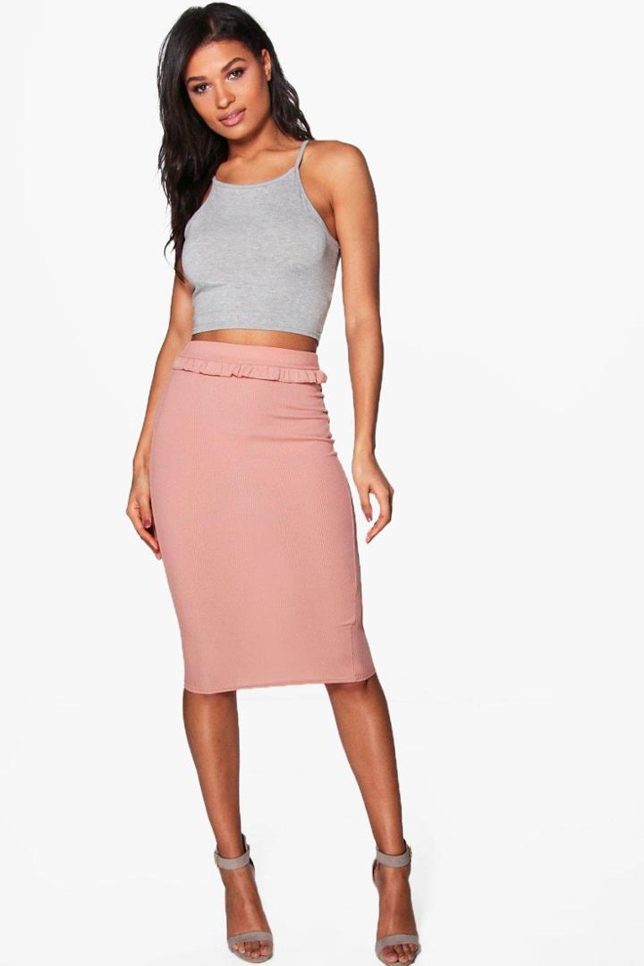 Boohoo Adrianna Ribbed Ruffle Detail Midi Skirt Sand