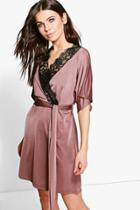 Boohoo Maeve Lace Trim Short Sleeved Wrap Dress Mocha
