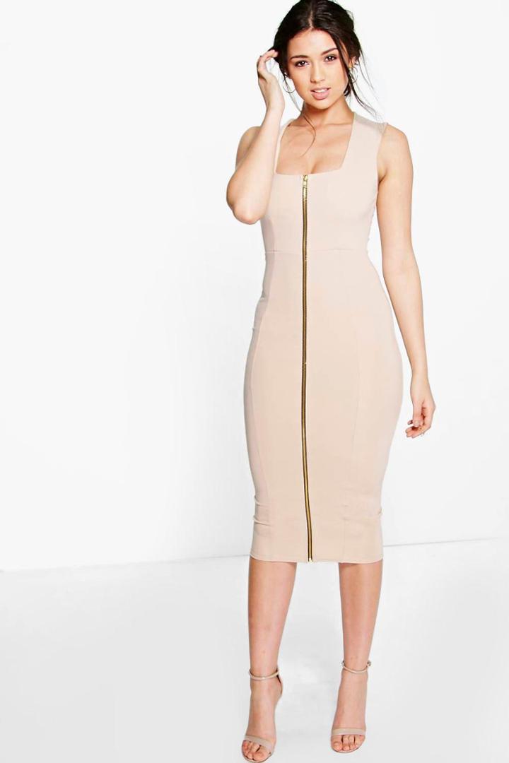 Boohoo Sonia Square Neck Zip Front Bodycon Dress Stone
