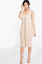 Boohoo Sonia Square Neck Zip Front Bodycon Dress Stone