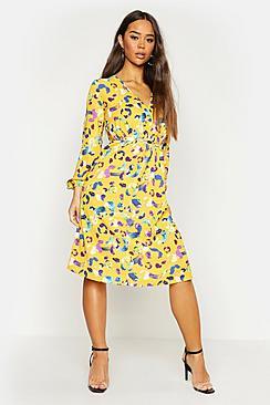 Boohoo Leopard Wrap Over Midi Dress