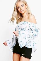 Boohoo Felicity Floral Crepe Off The Shoulder Tie Sleeve Top
