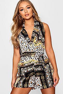 Boohoo Leopard Satin Lapel Playsuit