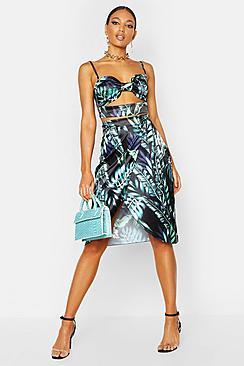 Boohoo Satin Palm Print Wrap Front Midi Skirt