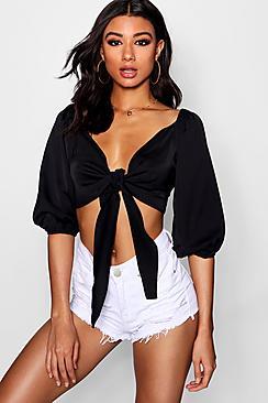 Boohoo Kiera Woven Tie Front Balloon Sleeve Crop