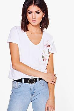 Boohoo Tia V Neck Embroidered Tee