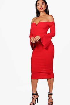 Boohoo Di Off The Shoulder Flared Sleeve Midi Dress