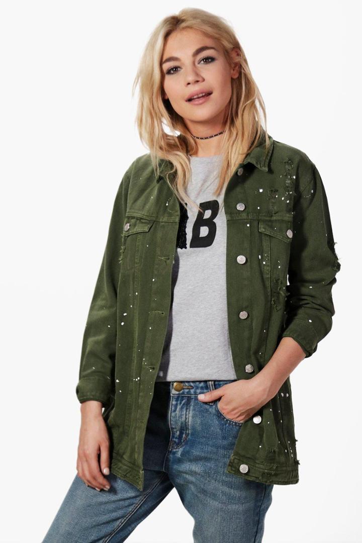 Boohoo Christine Khaki Longline Paint Splatter Jean Jacket Khaki