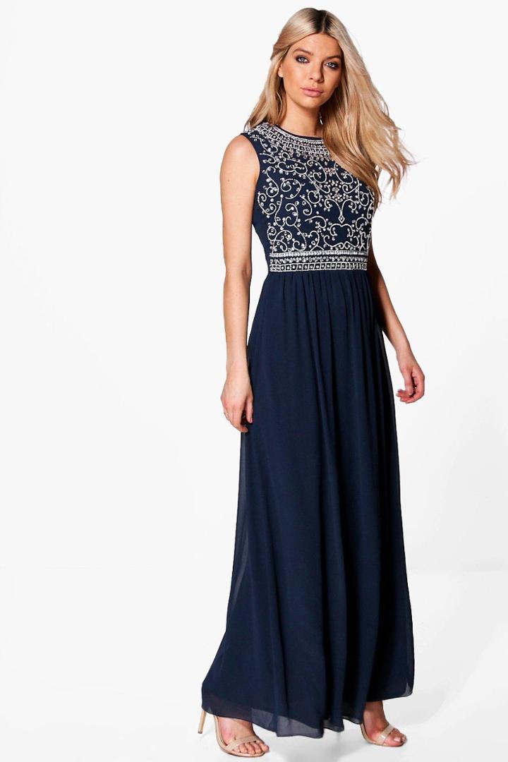 Boohoo Boutique Isla Embellished Chiffon Maxi Dress Navy