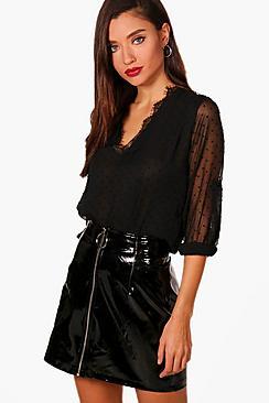 Boohoo Spot Lace Neck Blouse