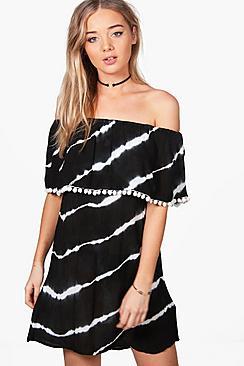 Boohoo Maisie Off Shoulder Frill Tie Dye Shift Dress