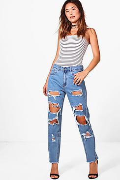 Boohoo Sophie High Waist Rip Seam Detail Mom Jeans