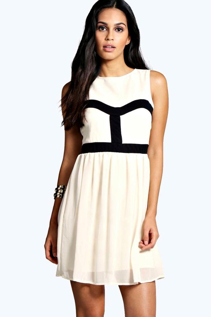 Boohoo Cecily Monochrome Contrast Colour Skater Dress Cream