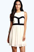 Boohoo Cecily Monochrome Contrast Colour Skater Dress Cream