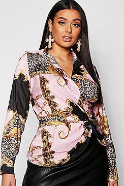 Boohoo Plus Mixed Print Plunge Twist Blouse