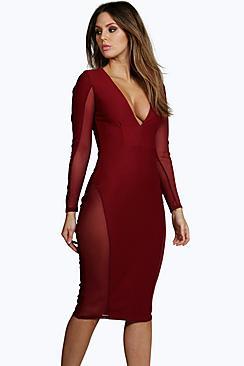 Boohoo Aanya Mesh Insert Midi Bodycon Dress