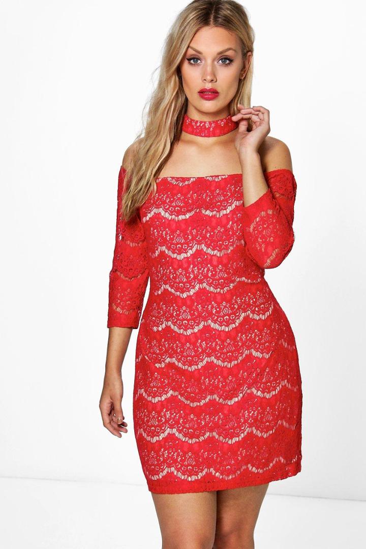 Boohoo Plus Larissa Choker Lace Dress Red