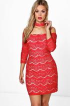 Boohoo Plus Larissa Choker Lace Dress Red