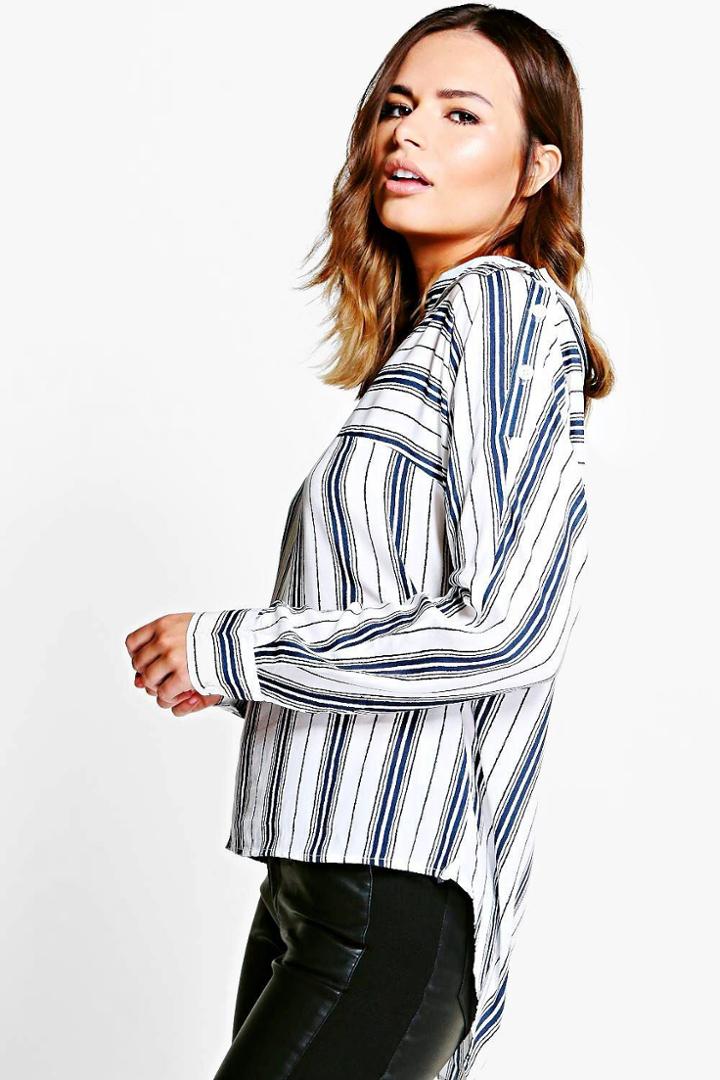 Boohoo Kellie Striped Button Shoulder Shirt White