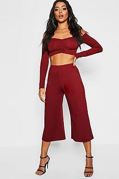 Boohoo Ribbed Wide Leg Culotte