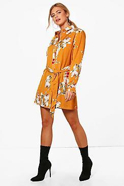 Boohoo Hannah Floral Print Tie Waist Shirt Dress