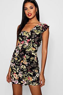 Boohoo Em Floral Ruffle One Shoulder Bodycon Dress