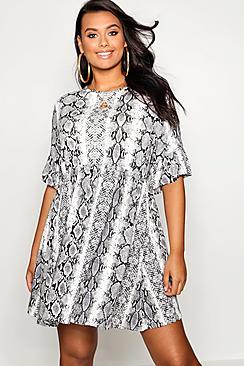 Boohoo Plus Snake Print Ruffle Sleeve Smock Dress