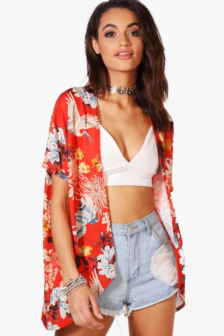 Boohoo Maddison Oriental Print Kimono Red