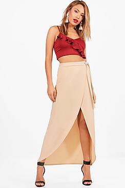 Boohoo India Tie Waist Wrap Front Dipped Midi Skirt