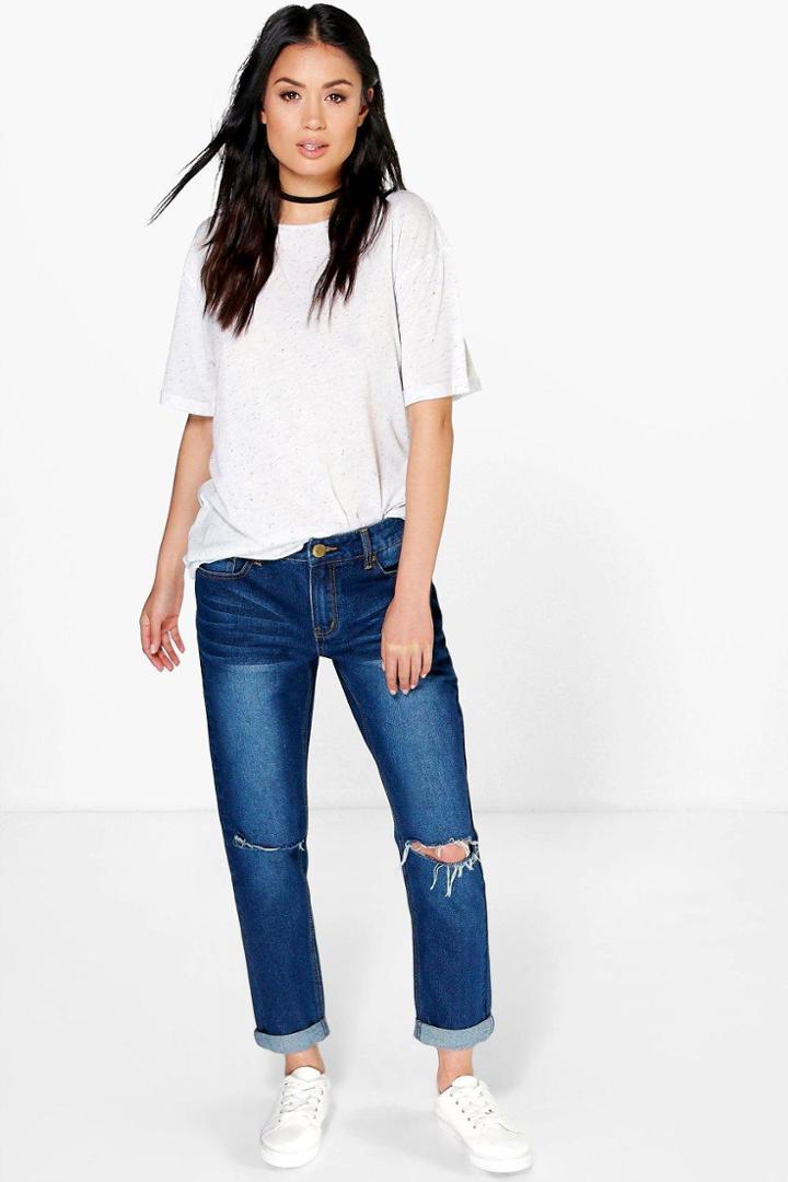 Boohoo Izzy Mid Rise Knee Rips Boyfriend Jeans Blue