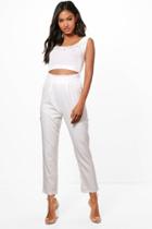 Boohoo Olivia Woven Ruffle Detail Slim Tie Trousers Ivory